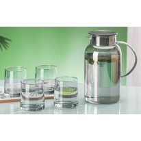 Royalford 5-Piece Water Jug and Cup Set- RF12210/ Includes 1800 ml Carafe and 4 260 ml Glasses/ with Lid, Pouring Spout, for Iced Tea, Juice, Milk, Coffee, Lemonade, Hot and Cold/ Food-Grade and Freezer Safe/ Clear