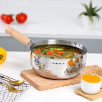 Royalford 16 CM Stainless Steel Snow Pot- RF12259| Stylish Design with Hammered Mesh Pattern and Wooden Handle| Saucepan Perfect for Making Sauces, Reducing, Browning, Sauting, Etc., Induction Compatible | Silver