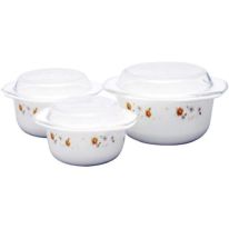 Royalford 3 Pcs Ceramic Casserole Set with Lids - Tempered Glass Lids, Round Deep Serving Casseroles Bowls | Microwave & Dishwasher Safe | Ideal to Store, Reheat & Serve Multiple Dishes