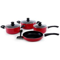 Royalford RF6082 8 Pcs Aluminum Non-Stick Cookware Set - Scratch Resistant, Tempered Glass Lids, 2.5MM Body Thickness, Bakelite Knobs, and CD Bottom