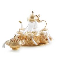 Royalford 22 Pieces Turkish Tea Set - High Quality Glass for Regular Use | Tea Cup with Lid, Tray, Candy Jar with Lid, Saucer & Pot | Ideal for Tea, Coffee, Latte, Cappuccino (Gold)