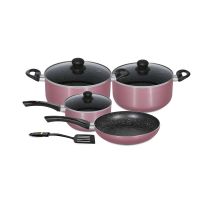 8pcs Aluminium Cookware Set with Granite Coating, RF9437 - 3 Layer Construction, Strong Aluminium Body, CD Bottom, Tempered Glass Lid with Steel Frame