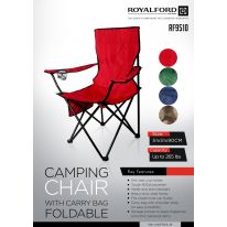 Royalford RF9510 Camping Chair with Carrying Bag Foldable (51x51x90cm)- Compact Folding Camping Chair, Heavy Duty Frame | Cup Holder, Storage Pocket | Shoulder Travel Bag, Outdoor, Beach with 265 lbs Capacity