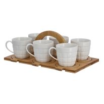 Royalford RF9635 Porcelain Tea Set with Bamboo Stand & Coaster - Bamboo Bottle Caddy with Opener & Sampler Boards, Drink Holder for Tea, Coffee, Perfect for Home, Restaurant, Brew Fest Party, and More