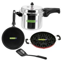 Royalford RF9705 Pressure Cooker 4 In 1 Combo Pack - Portable Evenly Heating Base Cooker, Pan & Tawa Nylon Turner Heat Resistant Handles | Non-Stick Coating | Compatible on Hot Plate, Halogen, Ceramic & Gas