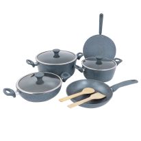 10pcs Forged Aluminium Cookware Set, Tempered Lid, RF9838GR | 3 Layer Durable Granite Coating forHealthy Cooking | Induction Compatible Base | Ideal for All Kitchen Cooking Tasks | Stay-Cool Handle