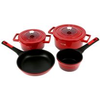 Royalford RF9845 6Pcs Cast Aluminium Cookware Set - Saucepan, Fry pan & Casseroles with Lids Non-stick Interior & Non-Slip Stay-Cool Handles | Thick Evenly Heating Base | Multiple Hob Compatibility (Red)