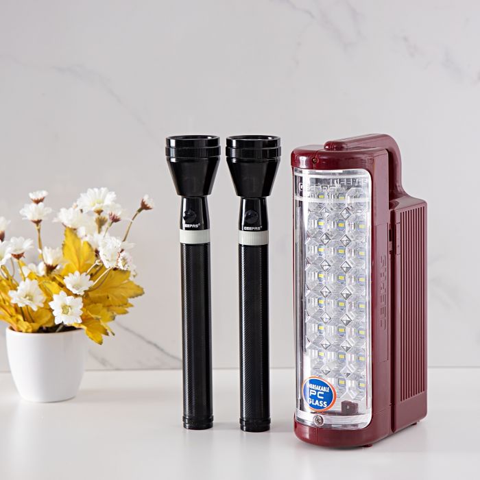 Geepas Rechargeable LED Lantern  2Pcs Torch Emergency Lantern with Light  Dimmer Function 24