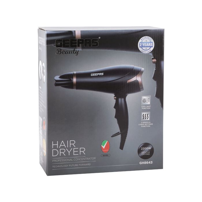 Geepas GH8643 2200W Powerful Hair Dryer - 2-Speed & 3 Temperature Settings | Cool Shot Function For Frizz Free Shine  Detachable Cap- 2 Years Warranty